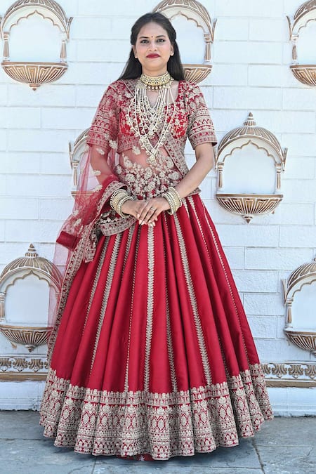 Buy_Tanushavy Couture_Red Net, Silk, Cotton Embroidery, Zari, Dabka Panelled Bridal Lehenga Set _Online_at_Aza_Fashions