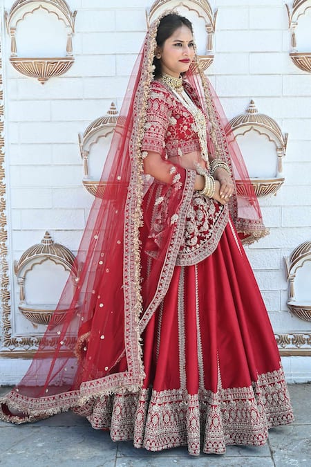 Shop_Tanushavy Couture_Red Net, Silk, Cotton Embroidery, Zari, Dabka Panelled Bridal Lehenga Set _Online_at_Aza_Fashions