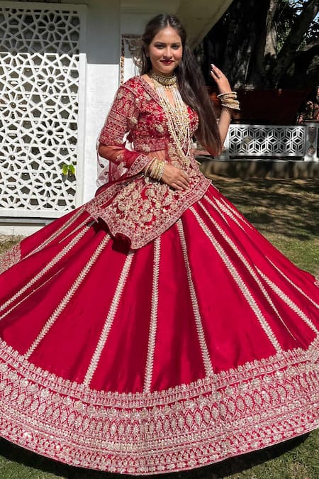 Tanushavy Couture_Red Net, Silk, Cotton Embroidery, Zari, Dabka Panelled Bridal Lehenga Set _at_Aza_Fashions