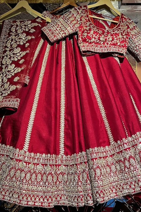 Buy_Tanushavy Couture_Red Net, Silk, Cotton Embroidery, Zari, Dabka Panelled Bridal Lehenga Set 