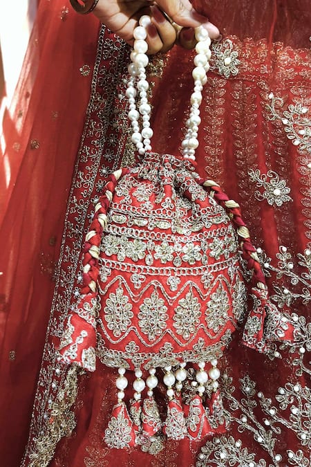 Shop_Tanushavy Couture_Red Net, Silk, Cotton Embroidery, Zari, Dabka Panelled Bridal Lehenga Set 