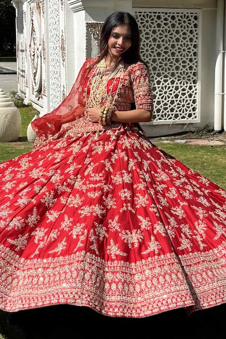 Shop_Tanushavy Couture_Red Silk, Net, Cotton Beads, Pearls, Floral Dabka Bridal Lehenga Set _Online_at_Aza_Fashions