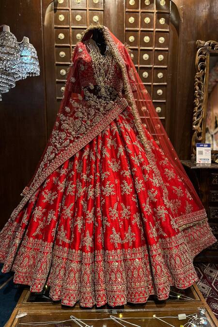 Tanushavy Couture_Red Silk, Net, Cotton Beads, Pearls, Floral Dabka Bridal Lehenga Set _at_Aza_Fashions