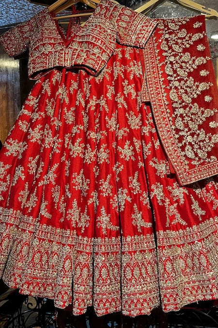 Buy_Tanushavy Couture_Red Silk, Net, Cotton Beads, Pearls, Floral Dabka Bridal Lehenga Set 