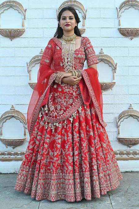 Buy_Tanushavy Couture_Red Silk, Net, Cotton Embroidery, Beads, Flower Dabka Bridal Lehenga Set _Online_at_Aza_Fashions
