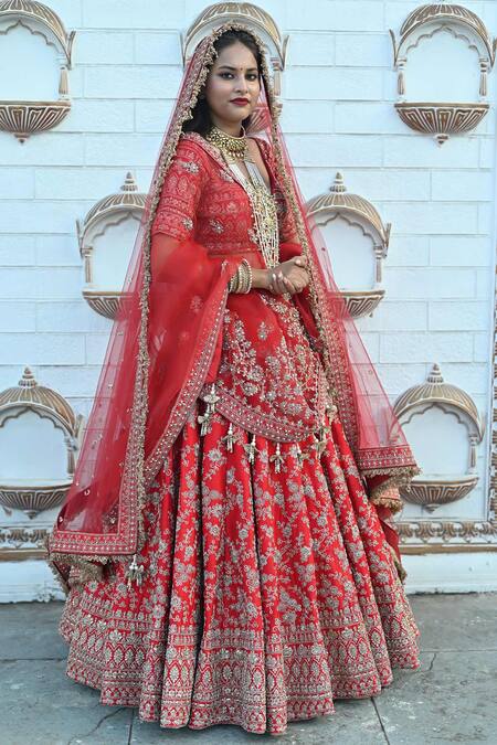 Shop_Tanushavy Couture_Red Silk, Net, Cotton Embroidery, Beads, Flower Dabka Bridal Lehenga Set _Online_at_Aza_Fashions