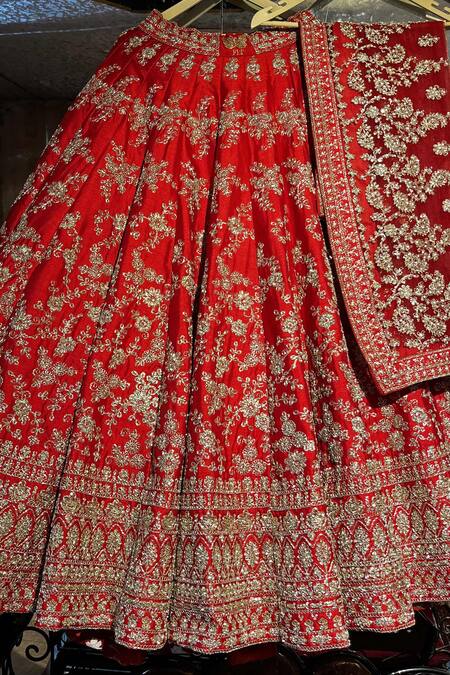 Shop_Tanushavy Couture_Red Silk, Net, Cotton Embroidery, Beads, Flower Dabka Bridal Lehenga Set 