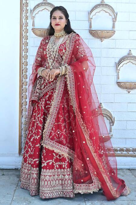Buy Tanushavy Couture Red Silk, Net, Cotton Beads, Pearls, Sequins, Flower Jaal Bridal Lehenga Set Online at Aza Fashions Buy_Tanushavy Couture_Red Silk, Net, Cotton Beads, Pearls, Sequins, Flower Jaal Bridal Lehenga Set _Online_at_Aza_Fashions