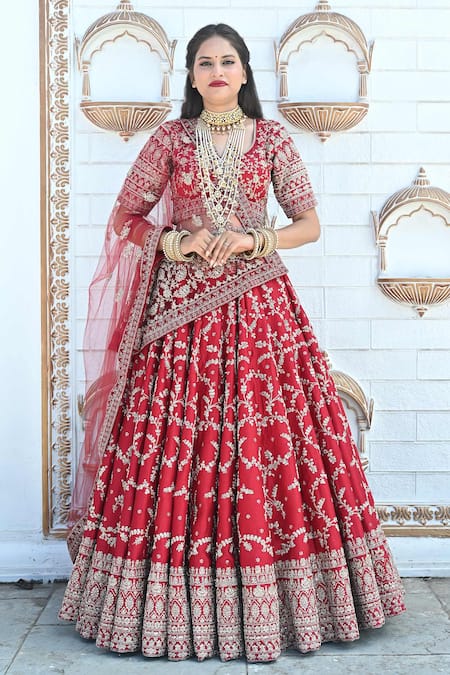 Shop Tanushavy Couture Red Silk, Net, Cotton Beads, Pearls, Sequins, Flower Jaal Bridal Lehenga Set Online at Aza Fashions Shop_Tanushavy Couture_Red Silk, Net, Cotton Beads, Pearls, Sequins, Flower Jaal Bridal Lehenga Set _Online_at_Aza_Fashions