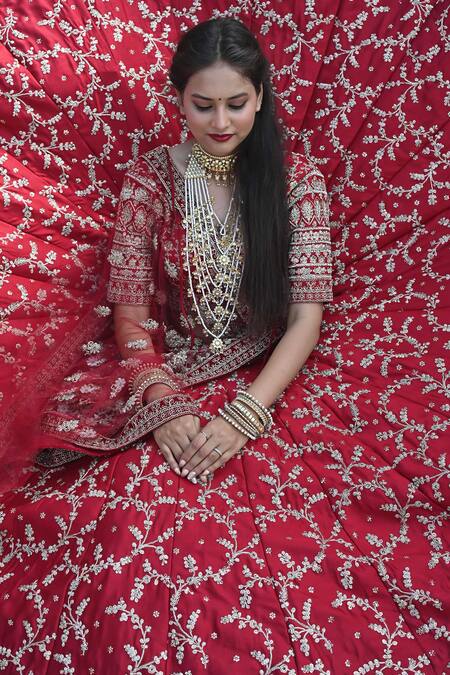 Shop Tanushavy Couture Red Silk, Net, Cotton Beads, Pearls, Sequins, Flower Jaal Bridal Lehenga Set Shop_Tanushavy Couture_Red Silk, Net, Cotton Beads, Pearls, Sequins, Flower Jaal Bridal Lehenga Set