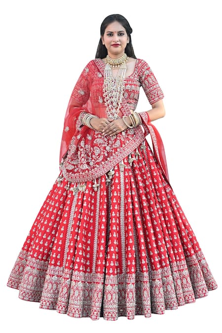 Buy Tanushavy Couture Red Silk, Net, Cotton Zari, Beads, Sequins, Floret Butti Bridal Lehenga Set Online at Aza Fashions Buy_Tanushavy Couture_Red Silk, Net, Cotton Zari, Beads, Sequins, Floret Butti Bridal Lehenga Set _Online_at_Aza_Fashions