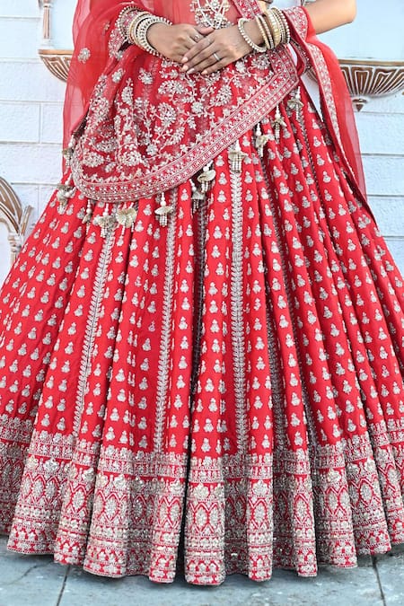 Shop Tanushavy Couture Red Silk, Net, Cotton Zari, Beads, Sequins, Floret Butti Bridal Lehenga Set Online at Aza Fashions Shop_Tanushavy Couture_Red Silk, Net, Cotton Zari, Beads, Sequins, Floret Butti Bridal Lehenga Set _Online_at_Aza_Fashions