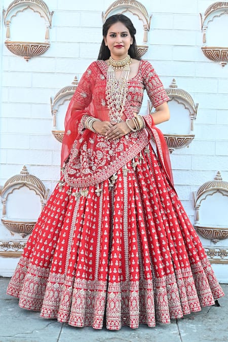 Tanushavy Couture Red Silk, Net, Cotton Zari, Beads, Sequins, Floret Butti Bridal Lehenga Set at Aza Fashions Tanushavy Couture_Red Silk, Net, Cotton Zari, Beads, Sequins, Floret Butti Bridal Lehenga Set _at_Aza_Fashions