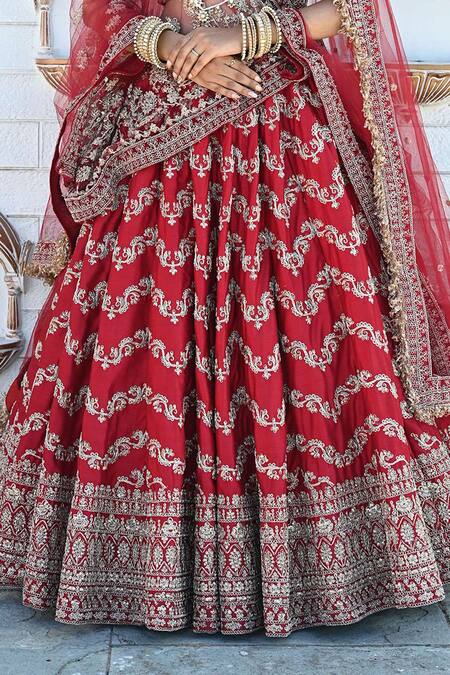 Buy_Tanushavy Couture_Red Silk, Net, Cotton Embroidery, Sequins, Chevron Floral Bridal Lehenga Set _Online_at_Aza_Fashions