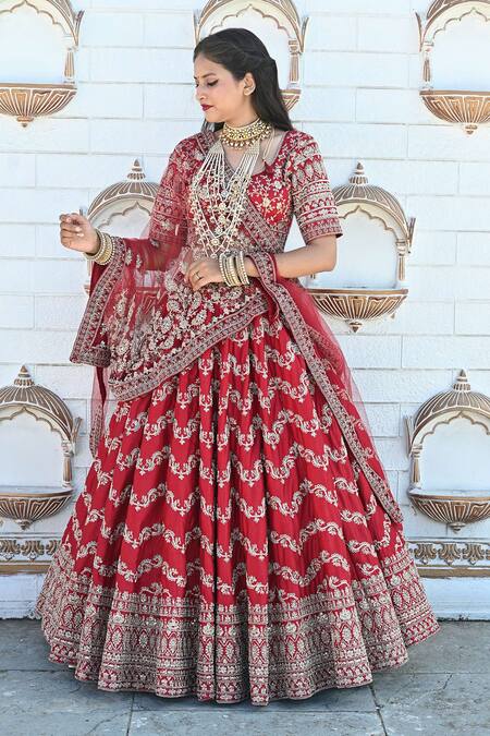 Shop_Tanushavy Couture_Red Silk, Net, Cotton Embroidery, Sequins, Chevron Floral Bridal Lehenga Set _Online_at_Aza_Fashions