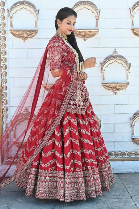 Tanushavy Couture_Red Silk, Net, Cotton Embroidery, Sequins, Chevron Floral Bridal Lehenga Set _at_Aza_Fashions