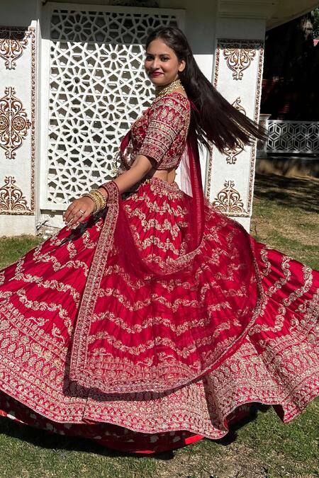 Buy_Tanushavy Couture_Red Silk, Net, Cotton Embroidery, Sequins, Chevron Floral Bridal Lehenga Set 