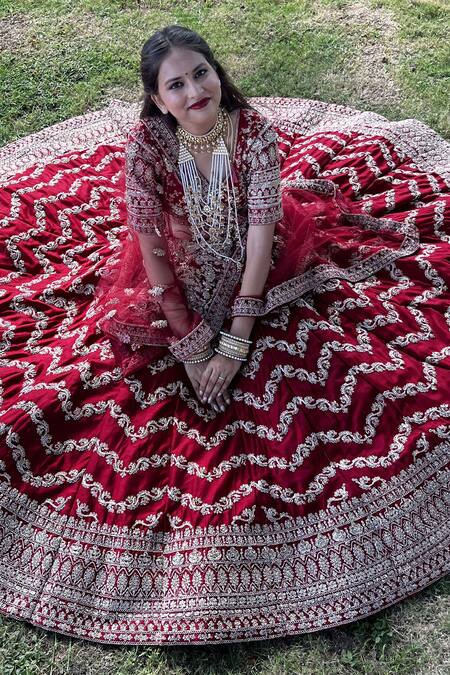 Shop_Tanushavy Couture_Red Silk, Net, Cotton Embroidery, Sequins, Chevron Floral Bridal Lehenga Set 