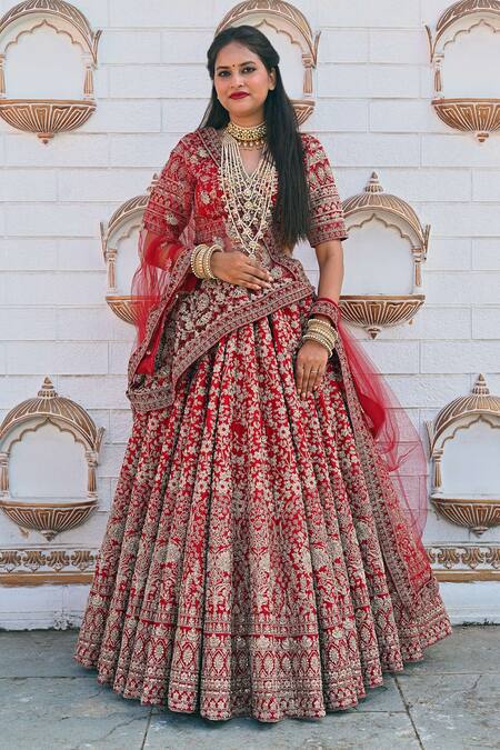 Buy_Tanushavy Couture_Red Silk, Cotton, Net Embroidery, Floral Bloom Garden Bridal Lehenga Set _Online_at_Aza_Fashions