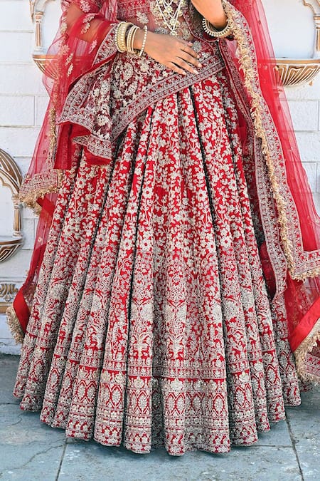 Shop_Tanushavy Couture_Red Silk, Cotton, Net Embroidery, Floral Bloom Garden Bridal Lehenga Set _Online_at_Aza_Fashions