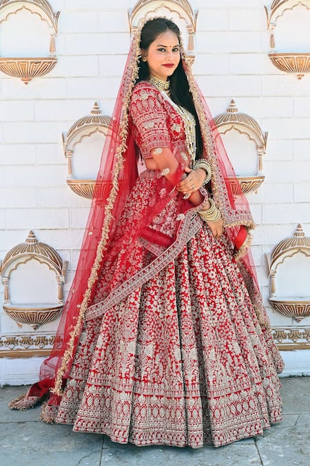Buy_Tanushavy Couture_Red Silk, Cotton, Net Embroidery, Floral Bloom Garden Bridal Lehenga Set 