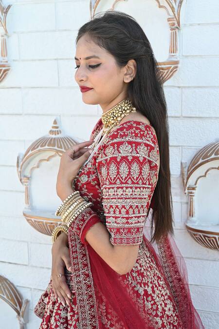 Shop_Tanushavy Couture_Red Silk, Cotton, Net Embroidery, Floral Bloom Garden Bridal Lehenga Set 