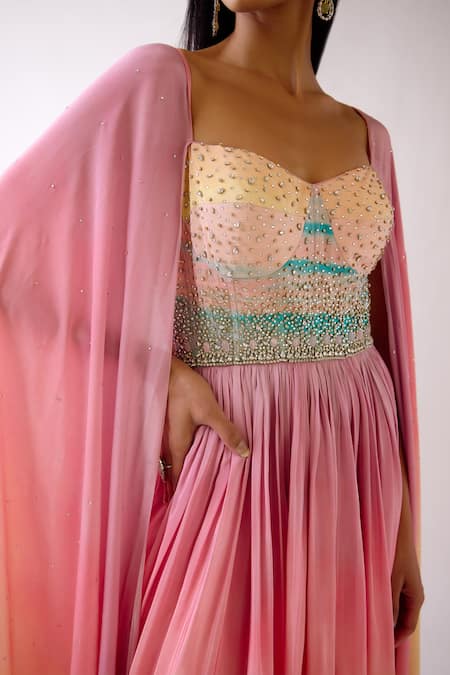 Buy_Basanti - Kapde Aur Koffee_Pink Crepe Beads, Crystals Sweetheart Neck The Sand Dune Anarkali_Online_at_Aza_Fashions
