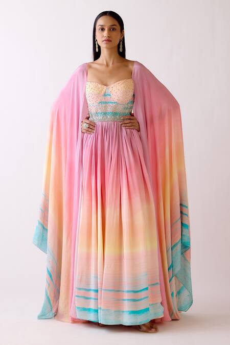 Shop_Basanti - Kapde Aur Koffee_Pink Crepe Beads, Crystals Sweetheart Neck The Sand Dune Anarkali_Online_at_Aza_Fashions