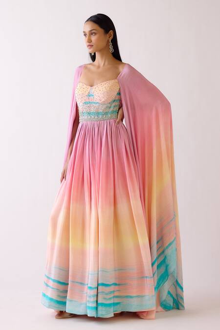 Basanti - Kapde Aur Koffee_Pink Crepe Beads, Crystals Sweetheart Neck The Sand Dune Anarkali_at_Aza_Fashions