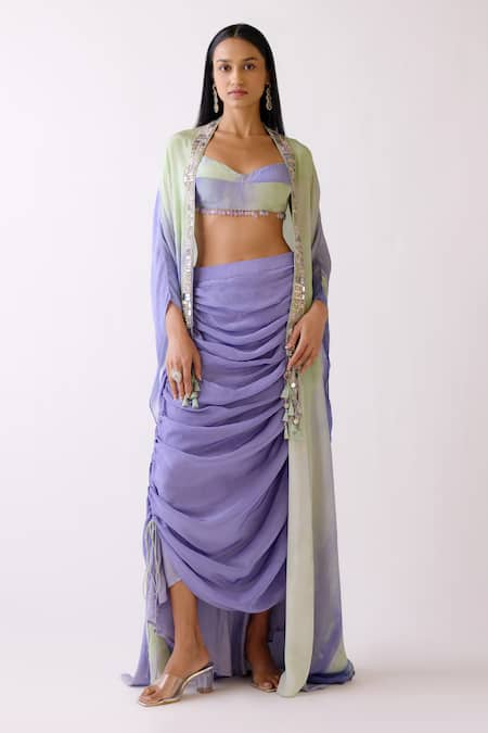 Basanti - Kapde Aur Koffee Purple Crepe Placement Embroidery Mirror Work The Horizon And Draped Skirt Set 