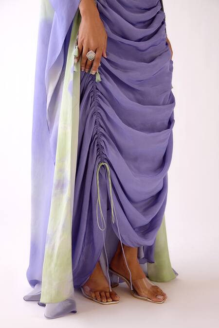 Shop Basanti - Kapde Aur Koffee Purple Crepe Beads, Mirrors Round Neck The Horizon Cape And Draped Skirt Set Online at Aza Fashions Shop_Basanti - Kapde Aur Koffee_Purple Crepe Beads, Mirrors Round Neck The Horizon Cape And Draped Skirt Set _Online_at_Aza_Fashions