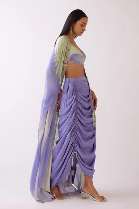 Basanti - Kapde Aur Koffee Purple Crepe Beads, Mirrors Round Neck The Horizon Cape And Draped Skirt Set at Aza Fashions Basanti - Kapde Aur Koffee_Purple Crepe Beads, Mirrors Round Neck The Horizon Cape And Draped Skirt Set _at_Aza_Fashions