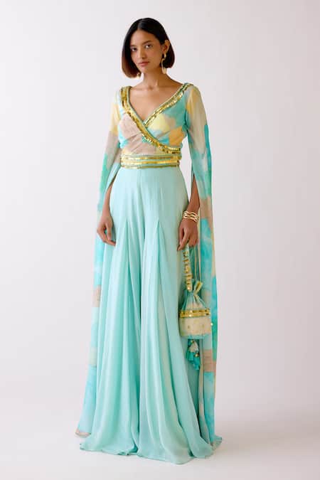 Buy Basanti - Kapde Aur Koffee Blue Crepe Cut Work Plunge Neck Abstract Pattern Bodice Jumpsuit Online at Aza Fashions Buy_Basanti - Kapde Aur Koffee_Blue Crepe Cut Work Plunge Neck Abstract Pattern Bodice Jumpsuit _Online_at_Aza_Fashions