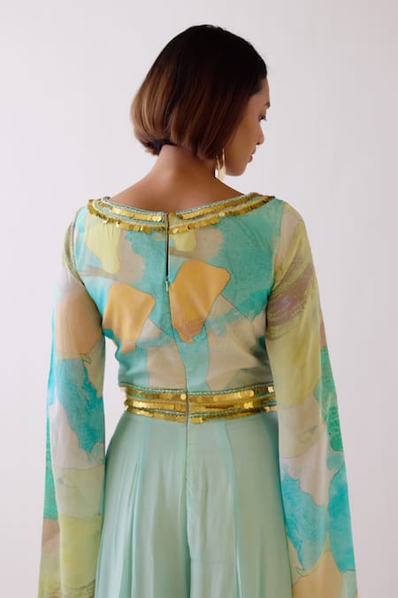 Shop Basanti - Kapde Aur Koffee Blue Crepe Cut Work Plunge Neck Abstract Pattern Bodice Jumpsuit Online at Aza Fashions Shop_Basanti - Kapde Aur Koffee_Blue Crepe Cut Work Plunge Neck Abstract Pattern Bodice Jumpsuit _Online_at_Aza_Fashions