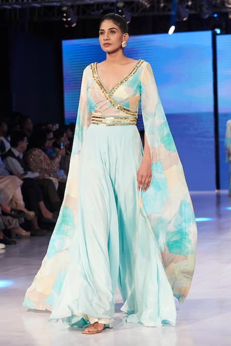 Basanti - Kapde Aur Koffee Blue Crepe Cut Work Plunge Neck Abstract Pattern Bodice Jumpsuit at Aza Fashions Basanti - Kapde Aur Koffee_Blue Crepe Cut Work Plunge Neck Abstract Pattern Bodice Jumpsuit _at_Aza_Fashions