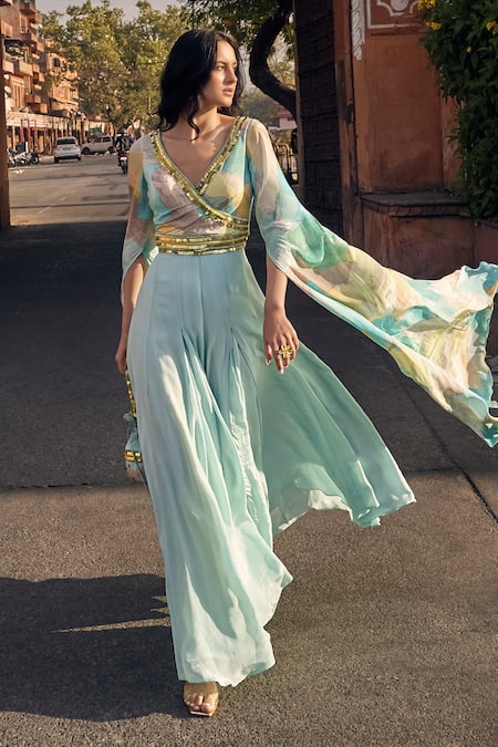 Buy Basanti - Kapde Aur Koffee Blue Crepe Cut Work Plunge Neck Abstract Pattern Bodice Jumpsuit Buy_Basanti - Kapde Aur Koffee_Blue Crepe Cut Work Plunge Neck Abstract Pattern Bodice Jumpsuit