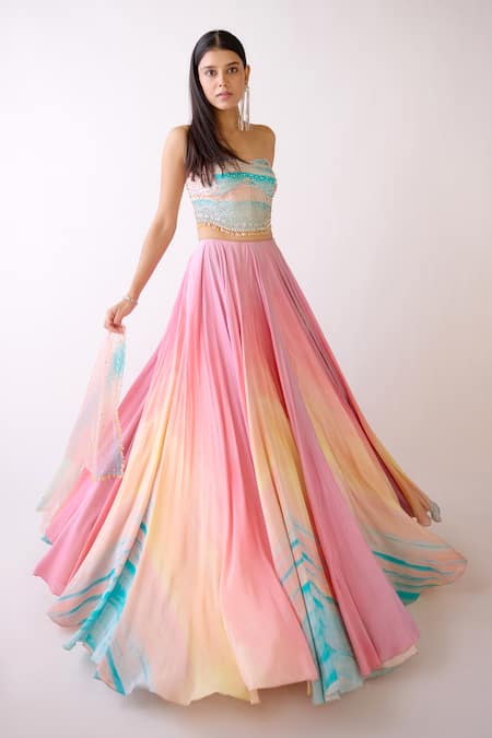 Buy_Basanti - Kapde Aur Koffee_Pink Crepe, Chiffon Crystals, Beads, Stones, The Sandscape Ombre Lehenga Set _Online_at_Aza_Fashions