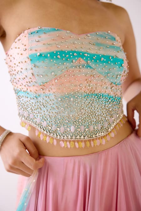 Basanti - Kapde Aur Koffee_Pink Crepe, Chiffon Crystals, Beads, Stones, The Sandscape Ombre Lehenga Set _at_Aza_Fashions