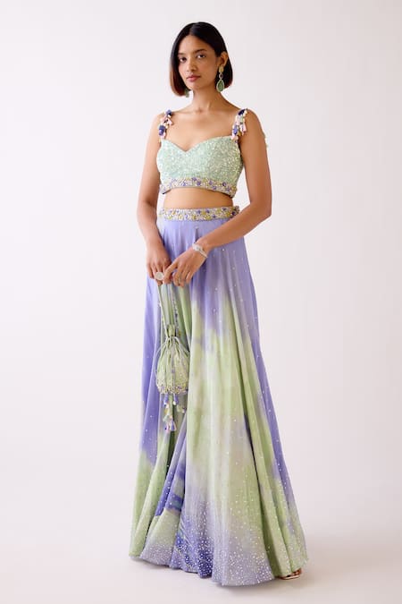 Basanti - Kapde Aur Koffee_Purple Crepe Sequins Sweetheart Neck The Gradient Glow Lehenga With Blouse_Online_at_Aza_Fashions