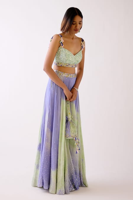 Buy_Basanti - Kapde Aur Koffee_Purple Crepe Sequins Sweetheart Neck The Gradient Glow Lehenga With Blouse_Online_at_Aza_Fashions