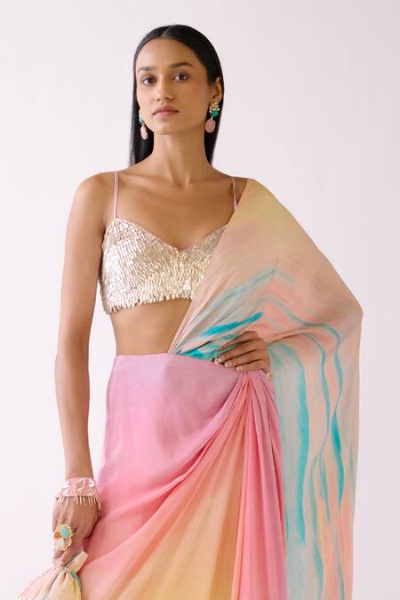 Basanti - Kapde Aur Koffee_Pink Crepe Sequins Sweetheart Neck The Sunset Pre-draped Saree With Blouse_Online_at_Aza_Fashions