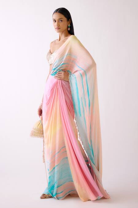 Buy_Basanti - Kapde Aur Koffee_Pink Crepe Sequins Sweetheart Neck The Sunset Pre-draped Saree With Blouse_Online_at_Aza_Fashions