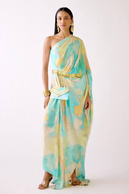Basanti - Kapde Aur Koffee_Blue Crepe Cut Work Asymmetric The Abstract Waves Dress_Online_at_Aza_Fashions