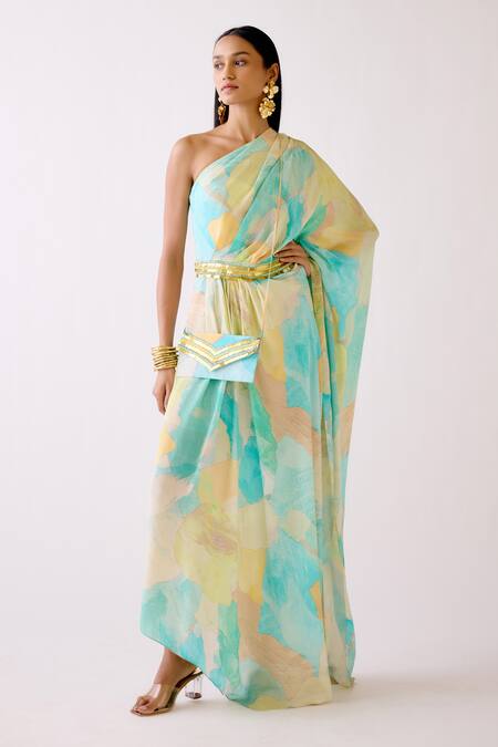 Buy_Basanti - Kapde Aur Koffee_Blue Crepe Cut Work Asymmetric The Abstract Waves Dress_Online_at_Aza_Fashions