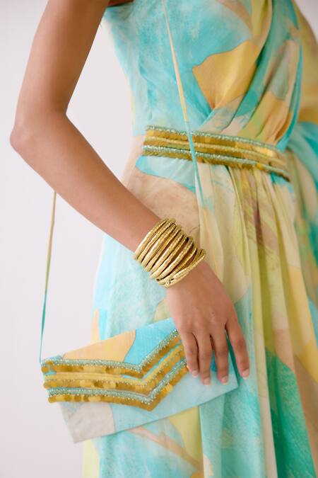 Shop_Basanti - Kapde Aur Koffee_Blue Crepe Cut Work Asymmetric The Abstract Waves Dress_Online_at_Aza_Fashions