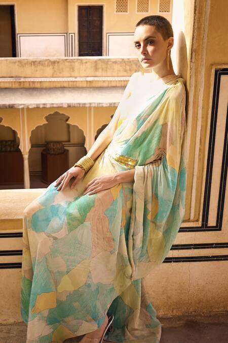 Basanti - Kapde Aur Koffee_Blue Crepe Cut Work Asymmetric The Abstract Waves Dress_at_Aza_Fashions