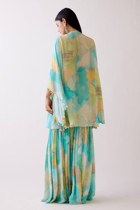 Shop Basanti - Kapde Aur Koffee Blue Crepe Beads Plunge Neck Abstract Pattern Kaftan And Sharara Set at Aza Fashions Shop_Basanti - Kapde Aur Koffee_Blue Crepe Beads Plunge Neck Abstract Pattern Kaftan And Sharara Set_at_Aza_Fashions