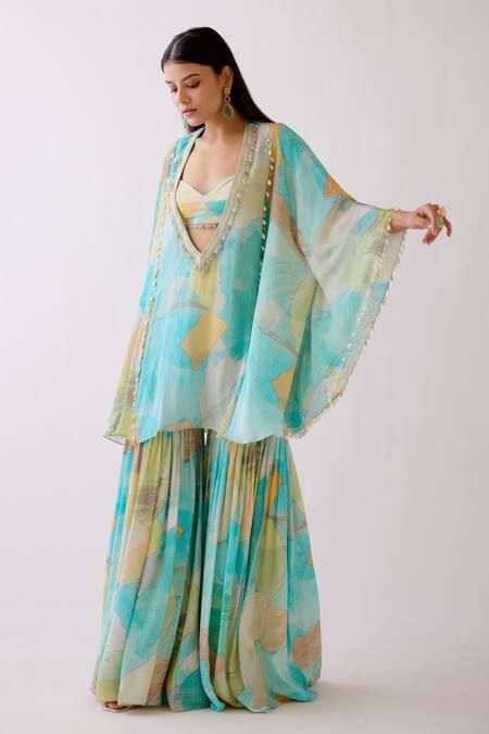 Basanti - Kapde Aur Koffee Blue Crepe Beads Plunge Neck Abstract Pattern Kaftan And Sharara Set Online at Aza Fashions Basanti - Kapde Aur Koffee_Blue Crepe Beads Plunge Neck Abstract Pattern Kaftan And Sharara Set_Online_at_Aza_Fashions