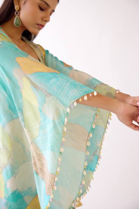 Buy Basanti - Kapde Aur Koffee Blue Crepe Beads Plunge Neck Abstract Pattern Kaftan And Sharara Set Online at Aza Fashions Buy_Basanti - Kapde Aur Koffee_Blue Crepe Beads Plunge Neck Abstract Pattern Kaftan And Sharara Set_Online_at_Aza_Fashions