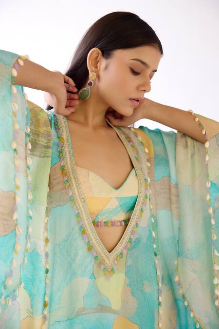 Shop Basanti - Kapde Aur Koffee Blue Crepe Beads Plunge Neck Abstract Pattern Kaftan And Sharara Set Online at Aza Fashions Shop_Basanti - Kapde Aur Koffee_Blue Crepe Beads Plunge Neck Abstract Pattern Kaftan And Sharara Set_Online_at_Aza_Fashions